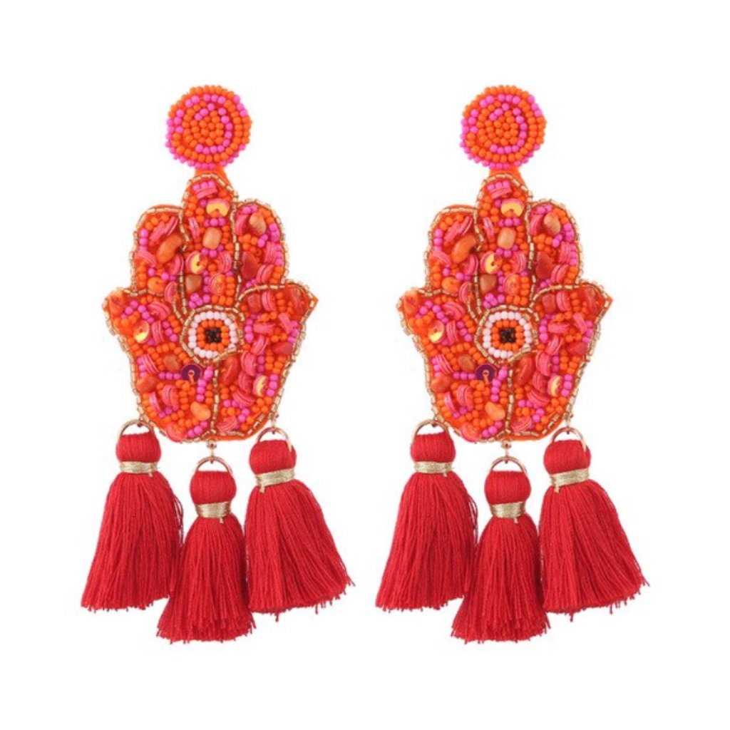 Orange Red Hamsa Evil Eye Tassel Boho Earrings